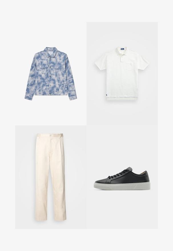 Denim jakna u svijetloplavoj boji s uzorkom oblaka, s oštrim kragnom, dva džepa na prsima i detaljima od srebrne boje za zatvaranje i ukrase.; Bijela polo majica napravljena od pamuka, s klasičnom ovratnikom, trodijelnim zakopčavanjem i džepom na lijevoj strani prsiju; mali logo na rubu.; Bežaste pamučne hlače ravnog kroja s kopčanjem na dugme i plisiranjima sprijeda za dodatni detalj.; Crne kožne tenisice s glatkom teksturom, okruglim vrhom i crnim čipkastim vezicama. Imaju debeo bijeli gumeni potplat s suptilnim geometrijskim naglascima.