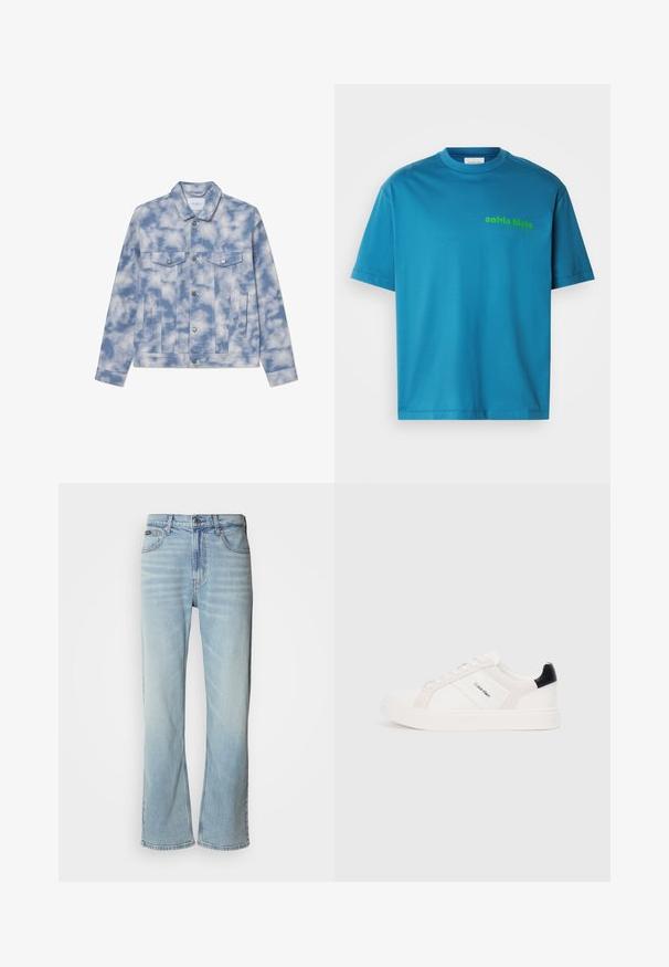 Világoskék farmerdzseki felhőmintákkal, hegyes gallérral, két mellzsebbel és ezüstszínű fémrészekkel a záródás és kiegészítők számára.; Türkiz pamut póló, kerek nyakkivágással, rövid ujjal, az elején zöld "calvin klein" logóval. Simább textúra.; Világoskék farmernadrág egyenes szárú szabással, öt zsebbel, gombos záródással és finom kopással az anyagon.; Fehér sportcipők világos rózsaszín és fekete részletekkel, sima bőrből és velúrból készült panelek, kerek orr és lapos gumitalp.