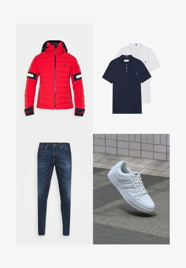 Červená vypchávkovaná bunda s čiernou kapucňou, s uzáverom na zips, rebrovanými manžetami a bielymi akcentovými pruhmi na rukávoch. Logo na hrudi.; Dvoje polo tričiek: jedno námornícky modré a jedno biele, obidve s malým červeným, bielym a modrým akcentom na vrecku a golieri.; Tmavomodré džíny s úzkym strihom, jemným opotrebovaním, piatimi vreckami a kovovým zapínaním. Šité akcenty v kontrastnej farbe.; Biele atletické tenisky s hladkým koženým zvrškom, šnurovaním vpredu, perforovanou špičkou a vzorovanou podrážkou. Minimalistický dizajn s tromi bočnými pruhmi.