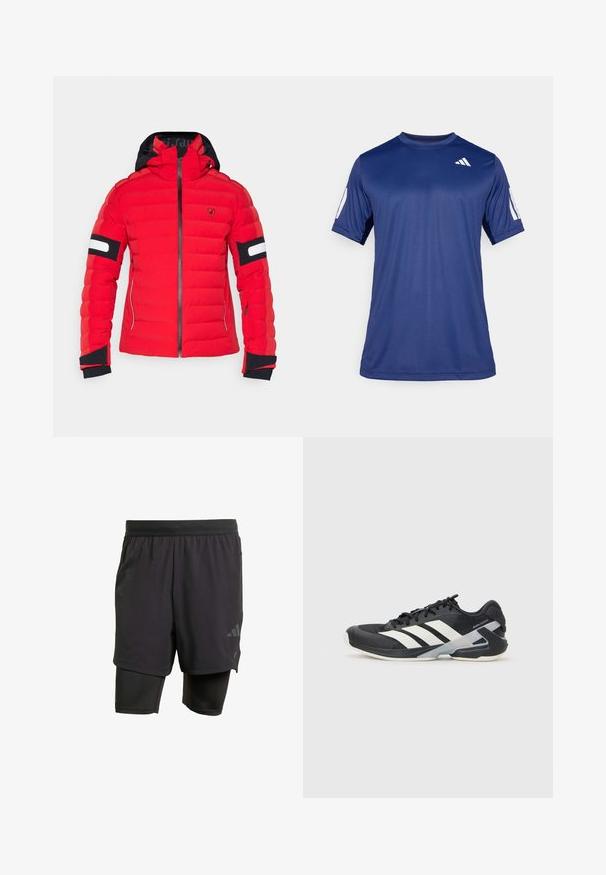 Jachetă roșie căptușită cu glugă neagră, cu închidere prin fermoar, manșete ribbate și dungi albe pe mâneci. Sigla pe piept.; Cămașă sport cu mânecă scurtă de culoare albastră marină, fabricată dintr-un material neted, având guler rotund și un detaliu cu logo alb în partea superioară stângă a pieptului.; Shorts atletici negri cu strat interior integrat, realizați dintr-un material respirabil. Au un logo subtil și o textură structurată. Talie reglabilă.; Pantofii sport negri cu dungi albe, superior din plasă, vârf rotunjit și talpă îmbunătățită pentru amortizare. Au o călcătură texturată și un sistem de șireturi securizat.
