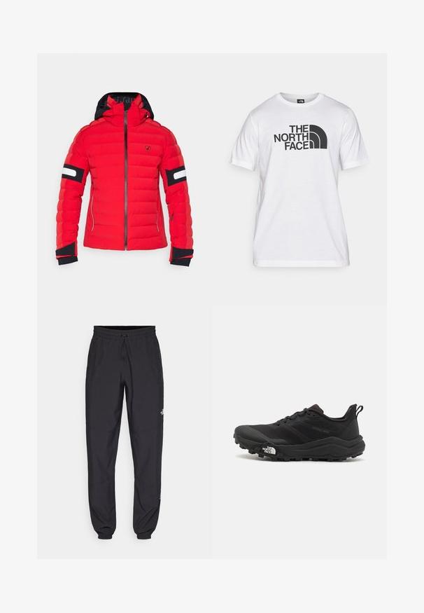 Rote gepolsterte Jacke mit schwarzer Kapuze, ausgestattet mit einem Reißverschluss, gerippten Handgelenkabschlüssen und weißen Akzentstreifen an den Ärmeln. Logo auf der Brust.; Weißes Baumwoll-T-Shirt mit einem schwarzen Grafikdruck, der Text und ein geschwungenes Logodesign zeigt. Runder Halsausschnitt und kurze Ärmel. Schlichte Textur.; Schwarze Sporthosen aus leichtem Stoff, mit einem Kordelzugbund, seitlichen Taschen und schmal zulaufenden Bündchen an den Knöcheln.; Schwarzer Trailrunning-Schuh mit strukturiertem Obermaterial, Gummisohle und verstärkter Zehenkappe. Verfügt über einen gepolsterten Kragen und eine Ziehlasche für einfaches Anziehen.