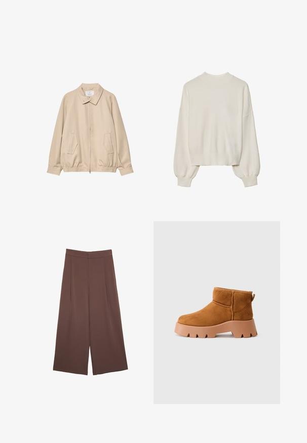 Bežna lahka jakna iz gladkega materiala, z ovratnikom, sprednjim zadrgo in dvema stranskima žepoma ter elastičnim pasom.; Bela pletena sv sweater s visokim ovratnikom, rebrastom teksturom i balon rukavima. Skraćena dužina sa uskim manžetama. Jednostavan, jednobojan dizajn.; Rjave široke hlače z gladko teksturo, ki imajo visok pas in sprednje naborke. Tkanina je lahka in prosto pada.; Bež nubuk gležnjarji z zaobljenim prstom, teksturirano rjavo podplato in zanko za zatezanje. Imajo šivano šiv in močno platformo.