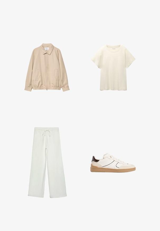 Beige leichte Jacke aus glattem Stoff mit Kragen, Frontreißverschluss und zwei seitlichen Taschen sowie elastischem Bund.; Helles beige T-Shirt mit kurzen Ärmeln und Rundhalsausschnitt, aus weichem, glattem Stoff gefertigt. Verfügt über eine lockere Passform und einen geraden Saum.; Weiße, weit geschnittene Hose aus weichem Stoff. Mit einem elastischen Bund und einem Kordelzug sowie einer glatten Oberfläche. Keine sichtbaren Muster oder Hardware.; Stradivarius Sneaker low - white