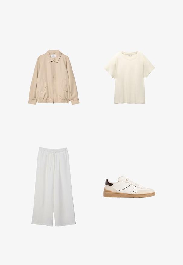 Beige leichte Jacke aus glattem Stoff mit Kragen, Frontreißverschluss und zwei seitlichen Taschen sowie elastischem Bund.; Helles beige T-Shirt mit kurzen Ärmeln und Rundhalsausschnitt, aus weichem, glattem Stoff gefertigt. Verfügt über eine lockere Passform und einen geraden Saum.; Weiße, weit geschnittene Hosen aus leichtem Stoff, mit einem elastischen Bund und einem Zugband für eine verstellbare Passform. Glatte Textur.; Stradivarius Sneaker low - white