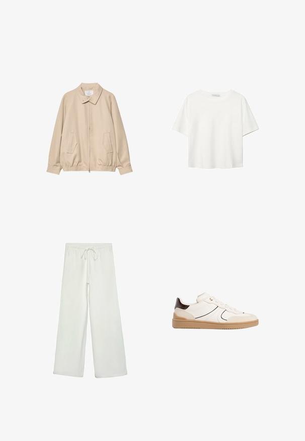 Béžová lehká bunda vyrobená z hladkého materiálu, s límcem, předním zipem a dvěma bočními kapsami s elastickým pasem.; Bílý krátký rukáv tričko vyrobené z bavlny. Má kulatý výstřih a volný střih. Hladký materiál bez viditelných vzorů nebo akcentů.; Bílé kalhoty s širokými nohavicemi vyrobené z měkké tkaniny. Mají elastický pas se stahovací šňůrkou a hladkou strukturu. Žádné viditelné vzory ani kovové prvky.; Stradivarius Tenisky - white