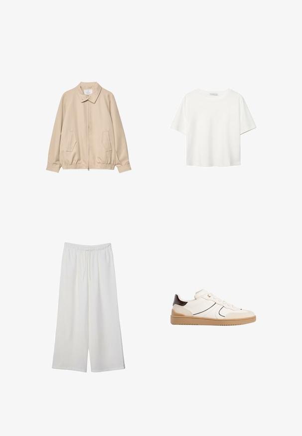Béžová lehká bunda vyrobená z hladkého materiálu, s límcem, předním zipem a dvěma bočními kapsami s elastickým pasem.; Bílý krátký rukáv tričko vyrobené z bavlny. Má kulatý výstřih a volný střih. Hladký materiál bez viditelných vzorů nebo akcentů.; Bílé kalhoty s širokými nohavicemi vyrobené z lehké tkaniny, s elastickým pasem a stahovací šňůrkou pro nastavitelnou velikost. Hladká textura.; Stradivarius Tenisky - white