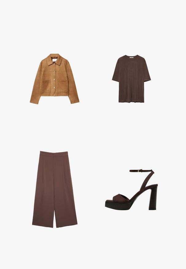 Brun ruskindsjakke med skjortekrave, trykknaplukning, to forlommer og en cropped design. Blød tekstur og minimalistisk detaljer.; Brun kortærmet t-shirt lavet af blødt stof, med rund halsudskæring og en afslappet pasform. Glat overflade uden mønstre eller detaljer.; Brune bredbunde bukser med en glat tekstur, der har høj talje og plisseringer foran. Stoffet er let og falder løst.; Brune ruskinds højhælede sandal med åben tå, justerbar ankelrem og en stribet plade sål.