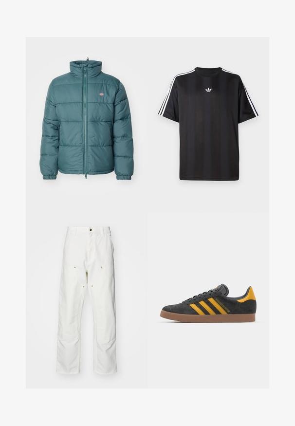 Vadderad teal-jacka med hög krage och full dragkedja, med en logotyp på bröstet och elastiska cuffs för en tät passform.; Svart t-shirt med kort ärm och vita tre-randiga detaljer på axlarna samt en liten vit logotyp på bröstet. Slät tygtextur.; Vita bomullscargo Byxor med en avslappnad passform. Funktioner inkluderar framfickor, guld Accentdetaljer och förstärkta knäsektioner.; Svart mockaskor med gula accenter, med tre ränder och en brun gummisula. Inkluderar en vadderad tunga för extra komfort.