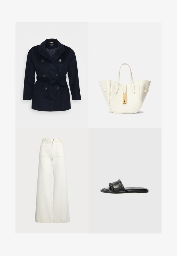 Casaco azul marinho de dupla face com colarinho de ponta, cinto amarrado, dois bolsos frontais e botões metálicos. Tecido suave com forro interior liso.; suéter preto de gola alta feito de tecido canelado. Mangas compridas, design ajustado e uma bainha ligeiramente descontraída, sem padrões visíveis ou acessórios.; Jeans de perna larga em denim off-white. Design de cintura alta com fecho de botão, dois bolsos frontais e detalhes de costura em contraste.; Sandal preto em couro com detalhe de fita trançada, sola plana e design elegante. Textura suave e perfil minimalista.; Mala tote de couro branco com uma forma estruturada, costura proeminente, etiqueta de metal dourado e alças duplas. Superfície texturizada com bolsos laterais.