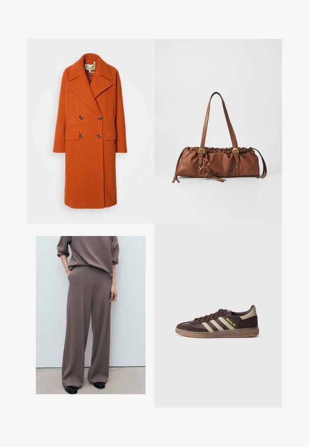 Orange Wollmantel mit doppelter Knopfleiste, breitem Revers, zwei Fronttaschen und goldfarbenen Knöpfen. Strukturierter Stoff und lässige Passform.; Cremefarbene Kapuzen sweatshirt aus weichem Stoff. Mit einer Fronttasche und dezentem gesticktem Logo. Bequeme Passform mit gerippten Bündchen und Saum.; Helles Rosa, langärmeliger Rollkragenpullover mit schlanker Passform und glatter Textur.; Lässige braune Stoffhosen mit hoher Taille, weitem Bein und seitlichen Taschen, kombiniert mit einem passenden übergroßen Oberteil.; Dunkelbrauner Adidas-Sneaker mit beigen Streifen, Kautschuksohle und gelbem "Spezial"-Schriftzug an der Seite, von der Außenseite gezeigt.; Braune Lederhandtasche mit gerafft oben, verstellbaren Trägern und metallischen Akzenten. Mit einem runden geflochtenen Detail an der Seite.; Goldfarbene, hufeisenförmige Steckerohrringe mit jeweils sechs kleinen klaren Edelsteinen, präsentiert auf transparentem Hintergrund vor einem weißen Hintergrund.