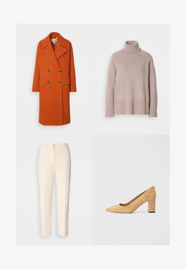 Dvojhmotný oranžový vlněný kabát s širokým zářezovým límcem, dvěma předními kapsami a zlatými knoflíky. Texturovaná tkanina a volný střih.; Světlý béžový pletený vlněný rolák s dlouhými rukávy a žebrovanými manžetami a lemem na jednobarevném bílém pozadí.; Krémové, vysoké kalhoty vyrobené z texturované látky. Obsahují přední zapínání na knoflík a zúžené nohavice.; Beige semišové lodičky na vysokém podpatku s špičatou špičkou a silným blokovým podpatkem. Materiál má jemnou texturu a hladký povrch.