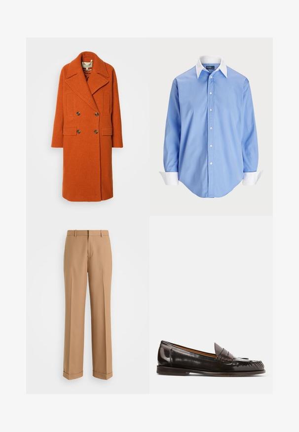 Kaksiriviline oranž villane mantel, millel on lai nurgeline kaelus, kaks esimest taskut ja kuldsetes totones nupud. Tekstureeritud kangas ja mugav lõige.; Hele helesinine nööpidega särk, millel on valge kontrastne krae. Omab siledat tekstuuri ja viit esist nuppu.; Beezid kohandatud püksid sirge jala disainiga, valmistatud pehmest kangast, millel on eesmine voldik ja keeratud servad.; Polo Ralph Lauren ASHTYN FRINGE TRIM CALFSKIN LOAFER - Jalga libistatavad jalanõud - ebano/tobacco