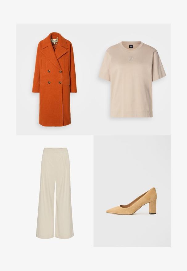 Dvojhmotný oranžový vlněný kabát s širokým zářezovým límcem, dvěma předními kapsami a zlatými knoflíky. Texturovaná tkanina a volný střih.; Beige bavlněné tričko s krátkým rukávem, kulatým výstřihem a malým vyšitým překrývajícím se logem "B" uprostřed na přední straně.; Kalhoty s širokými nohavicemi ve světle béžové látce, s plisováním, vysokým pasem a hladkou texturou bez viditelných ozdob.; Beige semišové lodičky na vysokém podpatku s špičatou špičkou a silným blokovým podpatkem. Materiál má jemnou texturu a hladký povrch.