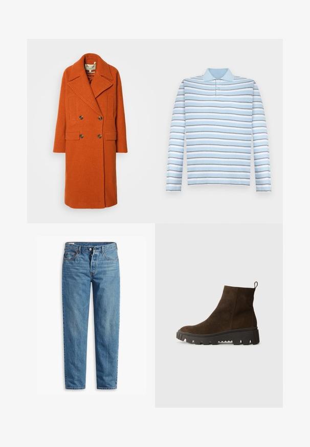 Kétgombos narancssárga gyapjù kabát széles, élöltött gallérral, két elülső zsebbel és aranyszínű gombokkal. Texturált anyag és laza fazon.; Világoskék, hosszú ujjú pólóing vízszintes szürke és fehér csíkokkal, galléros nyakkal.; Kék farmernadrág, egyenes fazonnal, cipzáros záródással, két elülső zsebbel és finom kopásnyomokkal az anyagon.; Barna velúr bokacsizma masszív fekete gumitalppal, enyhén sarokkal és hátul elhelyezett húzófüllel a könnyű felvétel érdekében.