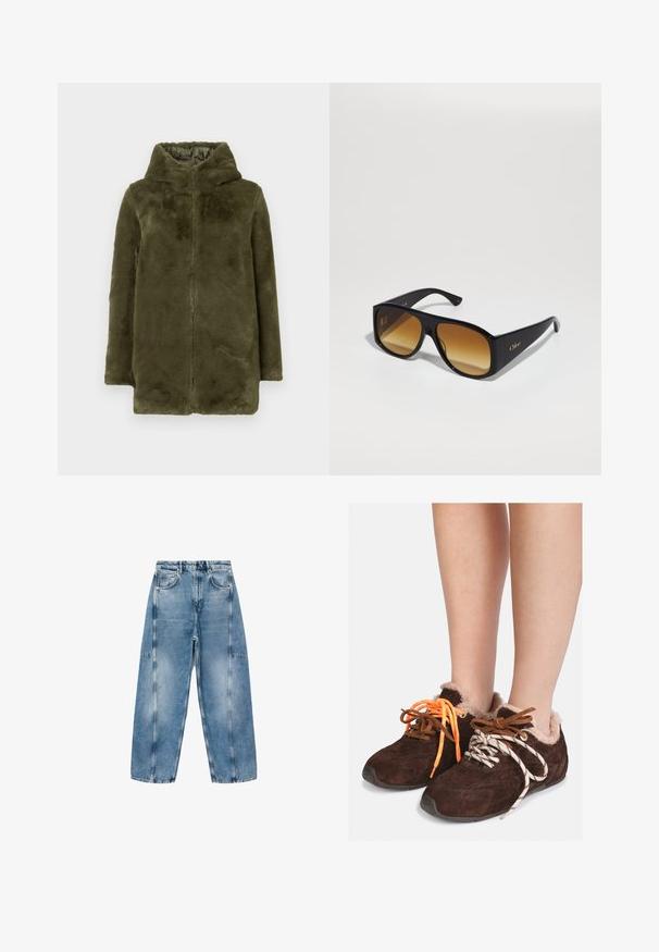 Olijfgroene nepbont hooded jas met lange mouwen en een ritssluiting aan de voorkant, weergegeven tegen een effen achtergrond.; Grijze cropped trui gemaakt van zacht, fuzzy materiaal. Heeft lange mouwen en een ronde halslijn, met een gladde, lichte textuur.; Witte T-shirt met korte mouwen, gemaakt van zachte katoen, met een ronde halslijn en een ontspannen pasvorm met omgerolde zoomdetails. Geen patronen of accenten.; Lichtblauwe denim jeans hebben een relaxte pasvorm, grote zakken en contrasterende stiksels. De stof heeft een vervaagde afwerking met een soepele textuur.; Bruine leren instapschoenen met een voering van bont, gedragen op blote voeten, met mismatched veters: de ene is oranje en de andere is wit met zwarte strepen.; Zwarte rechthoekige zonnebril met bruine verlooplenzen. Gemaakt van plastic, met een glad oppervlak en een subtiele gouden logo op de poot.