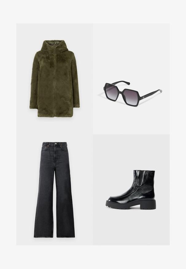 Oliven grønn faux fur hettejakke med lange ermer og frontglidelås, vist mot en ensfarget bakgrunn.; Hvit bomull t-skjorte med korte ermer, rund hals og avslappet passform. Glatt tekstur, ingen mønstre eller detaljer, minimalistisk design.; Sorte denim bellbottom bukser med høy midje, med metallknapp-lukking, frontlommer og subtil falming på stoffet.; Svarte ankelstøvler med en blank lakkfinish, kraftig svart gummisåle og hevet hæl; inkluderer subtile logo-detaljer på siden.; Svart sekskantede solbriller med gradientlinser, med en blank finish og subtil merkevareføring på stangen. Slitesterk plastkonstruksjon.