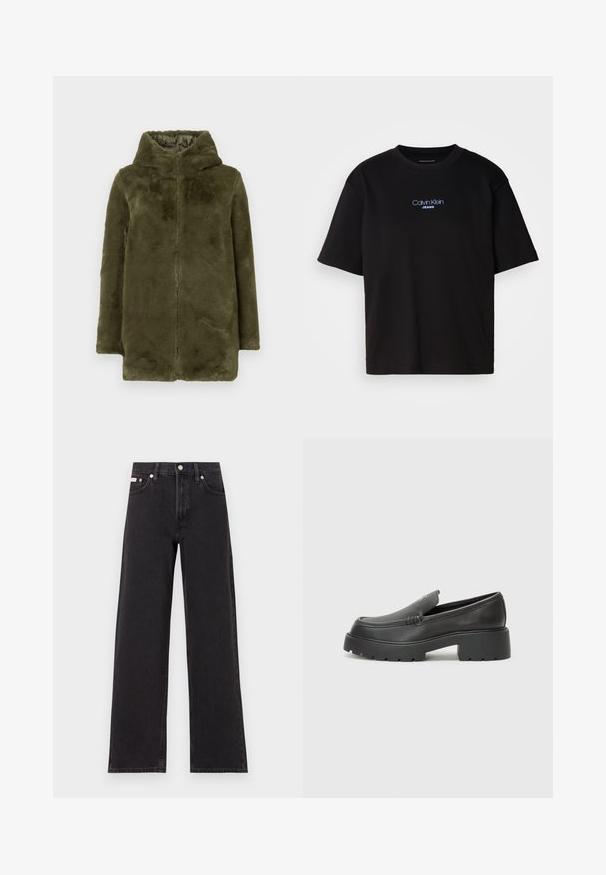 Olive rohelise vale karusnahaga kapuutsiga jakk, millel on pikad varrukad ja eesne lukuga sulgemine, esitatud ühtlasel taustal.; Mustmust särk ümmarguse kaelusega, lühikeste varrukatega ja sinise tikandiga "Calvin Klein JEANS" logo ees.; Mustad laiad mustad teksad, millel on kõrge vöökoht, viie tasku stiil ja metallist nööpkinnitus kontrastsete õmblustega.; Mustad nahast loafers ümarate varvastega, paksu tekstuuriga tald ja minimaalsete õmbluse detailidega. Viimistletud disain, kus pole nähtavaid paelu ega riistu.