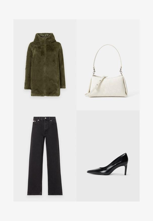 Abrigo de piel sintética verde olivo con capucha, mangas largas y cierre frontal de cremallera, exhibido sobre un fondo liso.; Camiseta negra de manga corta hecha de tejido suave, con cuello redondo y detalles fruncidos en el lado izquierdo para una textura sutil.; Jeans anchos de mezclilla negros, con cintura alta, cinco bolsillos y cierre de botón metálico con costuras contrastantes.; Zapato de tacón alto de cuero negro con punta afilada, textura suave y tacón en forma de cono. Diseño minimalista, sin adornos adicionales.; Bolso de mano blanco con textura suave, silueta curva y correa de hombro ajustable. Presenta un sutil patrón de logo y acentos de hardware en plata.