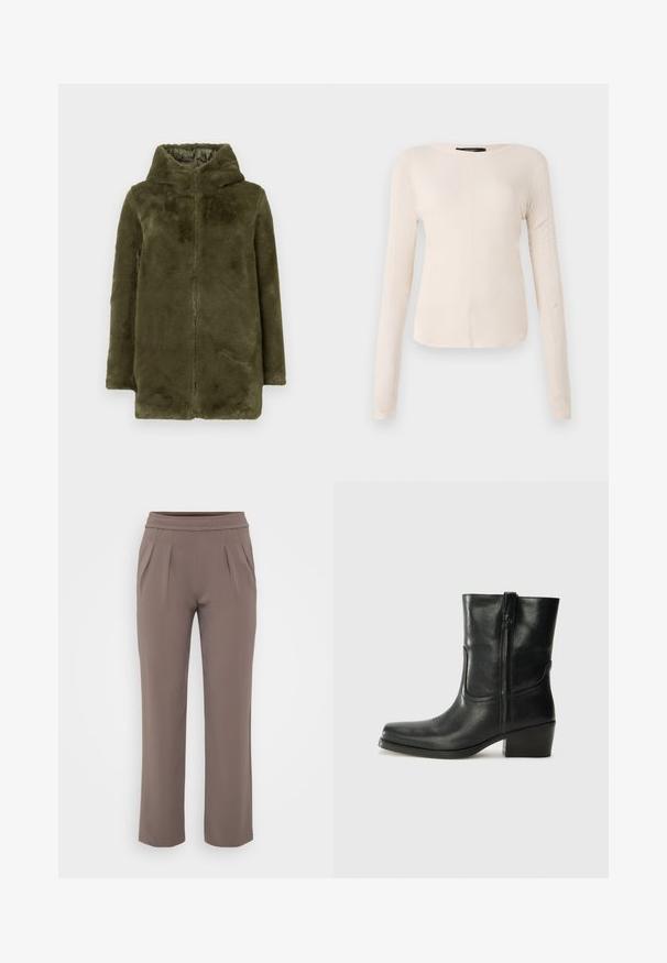 Olive green faux fur hooded coat with long sleeves and front zipper closure, displayed against a plain background.; Long-sleeve, light beige top with a round neckline. Made of soft fabric, features a central seam and slightly curved hem. No visible hardware.; Taupe loose-fit trousers with elastic waistband and front pleats, made from smooth fabric.; Black leather ankle boot with a rounded toe, block heel, side zipper, and stitching accents on the vamp. Smooth texture, classic design.