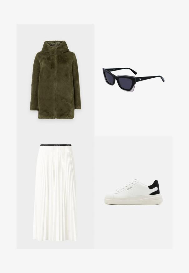 Olive green faux fur hooded coat with long sleeves and front zipper closure, displayed against a plain background.; Cotton T-shirt with horizontal navy stripes on a white background. "Tommy Hilfiger" embroidered in cursive on the chest. Crew neckline.; Pleated white skirt with a black elastic waistband featuring the "LACOSTE" logo. Mid-length design with soft texture.; White leather sneakers with a thick white sole, black suede heel accent, and embossed logo on the side. Laced design with six eyelets.; Black oversized sunglasses with a geometric shape, featuring dark lenses and a contrasting grey detail on the frame. Logo on the arm.