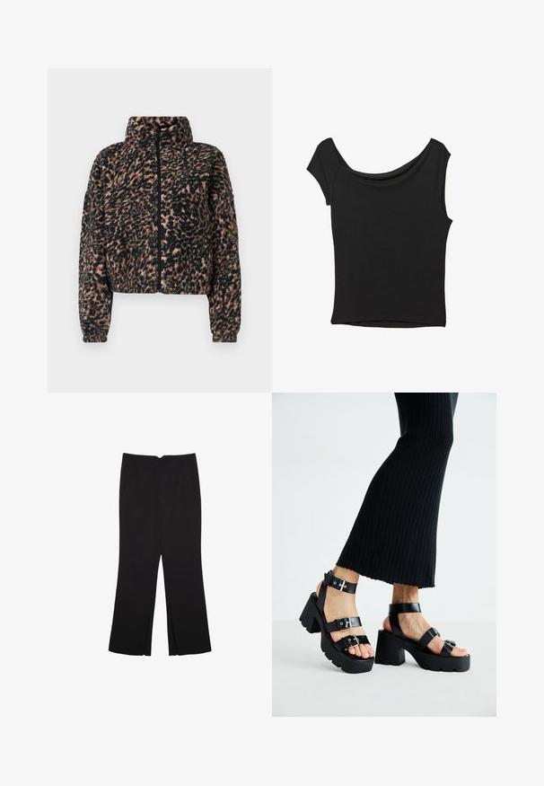 Crop-jacka i mjuk fleece med svart och brun leopardtryck, med hög krage, full dragkedja och ribbade ärmslut.; Svart kortärmad topp i slät tyg; har en draperad halsringning och asymmetrisk nederkant, med en figursydd kropp.; Svarta byxor med rak passform, utrustade med framfickor och sidoklyvningar vid fållen. Tillverkade av mjukt, slätt tyg. Lämpliga för olika tillfällen.; Svarta plattformssandaler med kraftiga yttersölar och flera remmar, med metalspännen och en slät läderliknande yta.