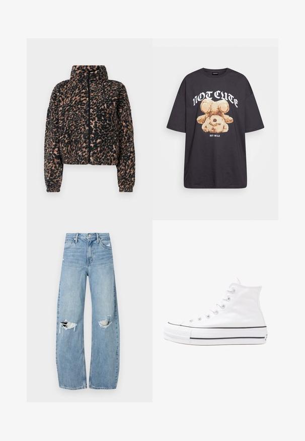 Lühike jakk pehme musta ja pruuni leopardimustriga fliisist, millel on kõrge krae, täispikk lukk ja soonikkoes mansetid.; Musthave musta t-särk, millel on karu graafika ja tekst "EI NII NÄDALA, KUID MÄRG" paksult valgete tähtedega. Puuvillane materjal.; Heledad hallideega sinised teksad, millel on kõrge talje. Teksade jalgadel on lai alus, kaks rebitud kohta põlvede ümber ning klassikaline viie tasku stiil.; Valge kõrgem kangast tenniseking, millel on must kummist tald, ees kummist varvasetugi ja kuus aukku paelte jaoks, pakkudes puhta ja minimalistliku disaini.