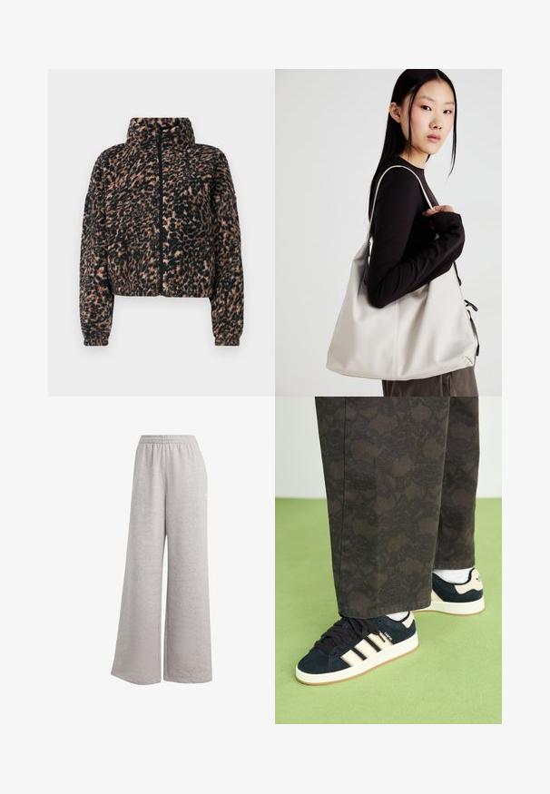 Gekürzte Jacke aus weichem schwarzen und braunen Leopardenmuster-Fleece, mit hohem Kragen, vollem Reißverschluss und gerippten Bündchen.; Set aus zwei Langarmoberteilen in Weiß und Schwarz. Rippstruktur, Rundhalsausschnitt, figurbetontes Design mit leicht ausgestellten Ärmeln.; Hellgraue Sweatpants mit lockerer Passform, elastischem Bund und weicher Textur. Mit dezentem Branding an einer Seite. Lässiges Design.; Schwarze und gemusterte Hosen kombiniert mit marineblauen Wildledersneakern, die cremefarbene Streifen und weiße Sohlen haben. Die abgebildeten Oberflächen sind strukturiert und flach.; Beige Handtasche aus weichem Material, mit einem lässigen Design, gesteppten Details und zwei Schulterriemen. Geeignet für den täglichen Gebrauch.