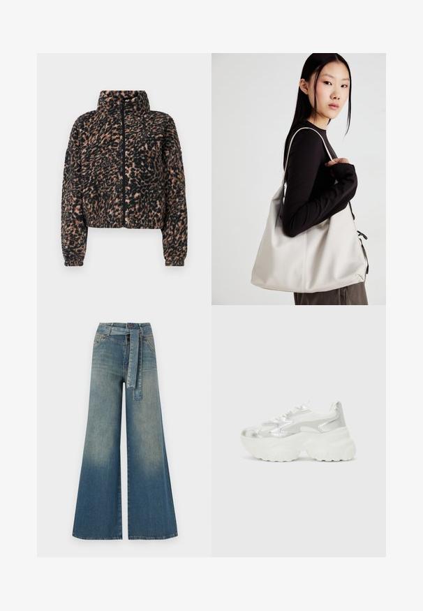 Afskåret jakke i blødt sort og brunt leopardprint fleece, med høj krave, fuld lynlås og ribbede cuffs.; Sort cropped t-shirt lavet af blød bomuld. Har en rund halsudskæring, korte ærmer og en afslappet pasform uden mønstre eller accenter.; Bredbens-denimbukser med en lys til mørk blå gradient, høj talje, bælteløkker og et matchende stofbælte. Tekstureret denimfinish.; Sølv sneakers med en struktureret mesh-overdel og iriserende detaljer, der har en kraftig hvid sål og snørebåndslukning.; Beige håndtaske lavet af blødt materiale med et slouchy design, stikninger og to skulderremme. Velegnet til daglig brug.