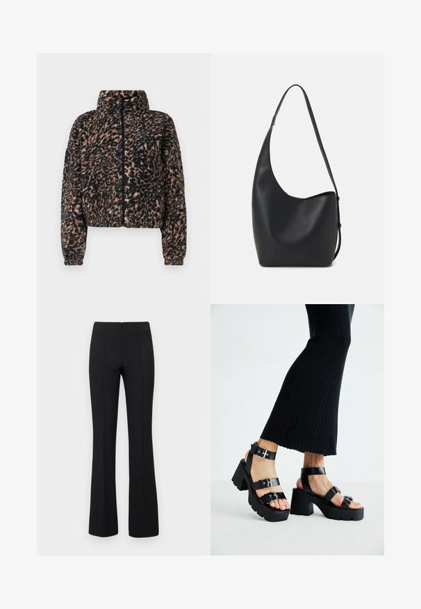 Izgriezta jakas ar mīkstu melnbaltu leoparda raksta flīsu, ar augstu apkakli, pilnu rāvējslēdzēju un ribotām aprocēm.; Melna kokvilnas T-krekls ar īsām piedurknēm, kuram priekšā kreisajā pusē ir neliels rozā tauriņa grafiskais attēls. Ar apaļu kaklu un brīvā stila piegriezumu.; Melnas flared bikses ar ribotu tekstūru un pieguļošu vidukli. Dizainā ir vertikālas šuves, lai radītu plūdenu izskatu. Nav redzamu aprīkojumu.; Melnas platforma siksnas ar masīviem, zolei ar iegriezumiem un daudzām siksnām, kurām ir metāla sprādzes un gluda ādas līdzīga tekstūra.; Melnas ādas hobo soma ar gludu tekstūru, izliekta forma un vienu regulējamu jostu; augšā ir plaša atvere.