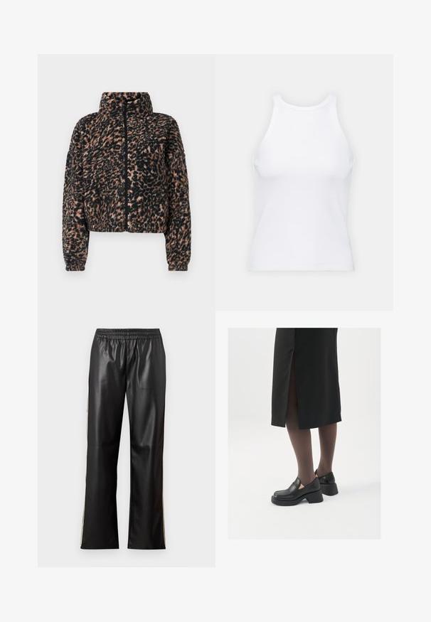 Lyhennetty takki pehmeästä musta- ja ruskeapilkullisesta fleece-kankaasta, jossa on korkea kaulus, täysi vetoketju ja ribbitaskut.; Valkoinen hihaton toppi, joka on valmistettu ribbikankaasta, ja jossa on pyöreä pääntie ja tiukka siluetti, minimaalisin saumoin ja ilman koristeita.; Musta tekonahka housut, joissa on joustava vyötärö, suora lahje ja kontrastiväriset sivu raidat. Sileä rakenne ja minimalistinen tyyli.; Mustat nahkakengät pyöreällä kärjellä, paksulla lohkopohjalla ja joustavilla sivuakkesseilla, yhdistettynä tummiin sukkahousuihin ja mustaan hameeseen, jossa on halkio.