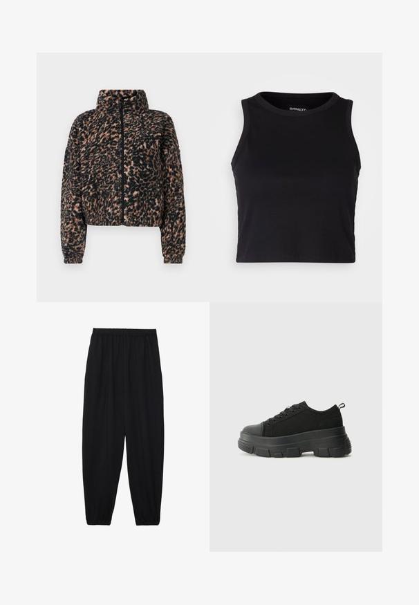 Afskåret jakke i blødt sort og brunt leopardprint fleece, med høj krave, fuld lynlås og ribbede cuffs.; Sort ribbet crop tank top med rund halsudskæring og ærmeløs design. Fremstillet af blødt, strækbart stof, med rene kantede kanter.; Sort, lette bukser med elastisk talje og sammenfoldede ankler. Stoffet er glat og har et afslappet, indsnævret design.; Sorte sneakers med en kraftig gummisål, tekstureret stofoverdel, rund tå og snørredesign. Har forstærkede snørrehuller og en trækkrog bagpå.