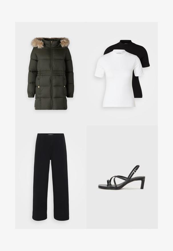 Vero Moda Petite VMPINAR COAT - Žieminis paltas - dark green; Even&Odd Petite 2 PACK - Paprasti marškinėliai - white/black; Juodos plačios kelnės su elastingu juosmeniu. Pagamintos iš tekstūruotos medžiagos, turi laisvą siluetą ir tiesų kirpimą nuo klubų iki krašto.; Juodi šlepetės su kvadratiniu pirštu ir žemu bloku kulnu. Yra keli ploni dirželiai ir reguliuojamas kulkšnies diržas. Pagaminti iš lygios odos.