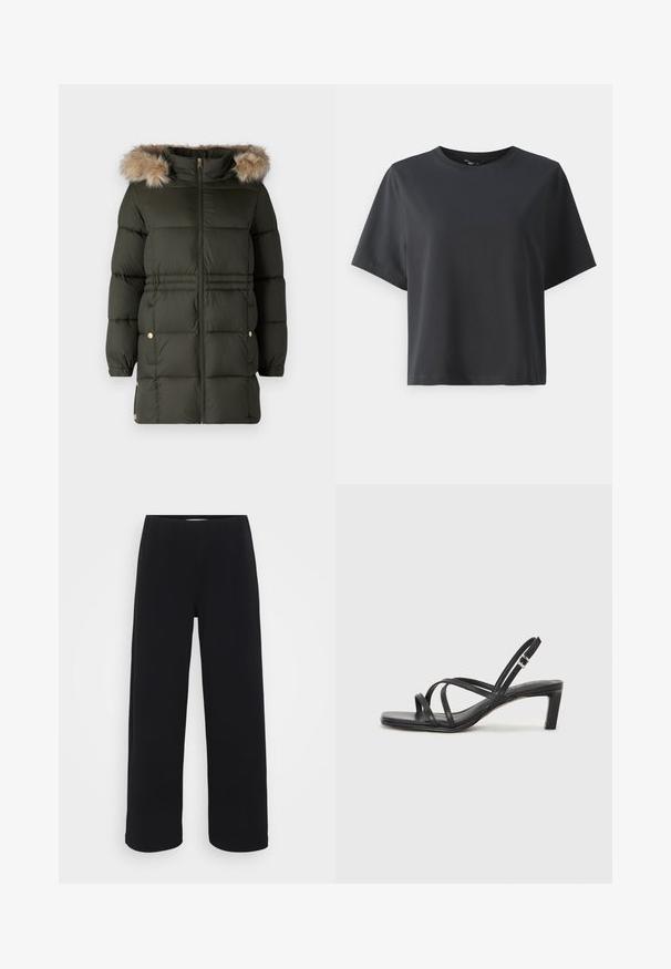 Vero Moda Petite VMPINAR COAT - Ziemas mētelis - dark green; Melnas kokvilnas t-krekls, īsām piedurknēm, apaļš kakls, brīvs piegriezums, gluda tekstūra, vienkāršs dizains, bez rakstiem vai akcentiem.; Melna platā kāju bikses ar elastīgu jostu. Izgatavotas no teksturēta materiāla, ar brīvu piegriezumu un taisnu griezumu no gurniem līdz apakšmalai.; Melnas strappy sandales ar kvadrātveida purngaliem un zemu bloku papēdi. Ievērojamas ar vairākiem plāniem siksniņām un regulējamu potītes siksniņu. Izgatavotas no gludas ādas.