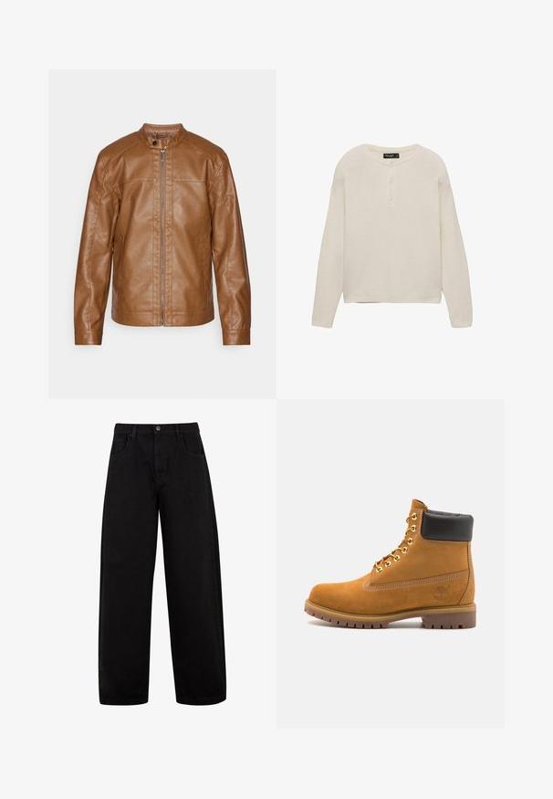 Ruskea nahkatakki, jossa on pystysuora kaulus, etuvetoketju, sileä rakenne ja minimalisti muotoilu. Ei näkyvää metalliosaa tai kuvioita.; Pitkähihaisessa, pyöreäkaulaisessa vaatteessa on vaaleanbeige väri. Siinä on kolmen napin läppä, ribbaus hihansuissa sekä suora helma, ja se on valmistettu pehmeästä, teksturoidusta kankaasta.; Mustat leveät farkut, jotka on valmistettu denimistä. Niissä on etutaskut, nappikiinnitys ja puhdas, minimalistinen muotoilu ilman näkyviä kuvioita.; Valkoinen nahkainen nilkkuri mustalla pehmustetulla kauluksella, kultaisilla metallisilla rei'illä, valkoisella ompeluksella ja jykevällä kumipohjalla, jossa on selvästi näkyvät urat.