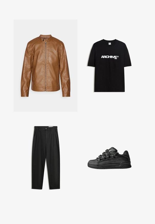 Smeđi kožni jakni s uspravnim ovratnikom, prednjim zatvaračem, glatkom teksturom i minimalističkim dizajnom. Nema vidljivih metalnih dijelova ili uzoraka.; Crna pamučna majica s bijelim 'ARCHIVE inc.' logotipom preko prsa, kratkim rukavima i okruglim izrezom.; Crne pamučne hlače s opuštenim krojem, s klasičnim pojasom, prednjim nabranjima i bočnim džepovima. Glatka tekstura bez uzoraka.; Crne tenisice s glatkom kožnom gornjom površinom, teksturiranim detaljima i okruglim crnim i bijelim vezicama. Debeli gumeni potplat s uzorkom.