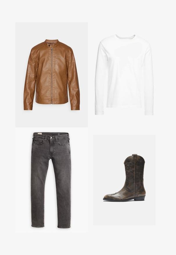 Brown leather jacket with a stand collar, front zipper closure, smooth texture, and minimalist design. No visible hardware or patterns.; Long-sleeve white t-shirt made of soft cotton. Crew neckline with straight cut hems and no visible patterns or graphics.; Gray denim jeans with a straight cut, five-pocket design, and a button fly. Features subtle fading and tonal stitching throughout.; Brown leather cowboy boot with a tall shaft, pointed toe, intricate stitching patterns, and a small heel. Textured finish throughout.