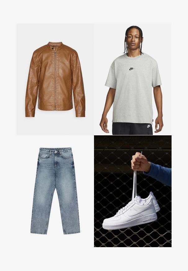 Braune Lederjacke mit Stehkragen, durchgehendem Reißverschluss, glatter Textur und minimalistischem Design. Keine sichtbaren Hardwareteile oder Muster.; Junge Person mit geflochtenem Haar, die ein hellgraues Nike-T-Shirt und schwarze Nike-Shorts trägt, vor einem einfarbigen weißen Hintergrund.; Hellblaue Jeans aus Denim mit geradem Schnitt, sichtbaren Nähten, fünf Taschen-Design und einem Knopfverschluss an der Taille.; Weiße Leder-Sneaker mit Perforationen, runder Zehenpartie, flacher Sohle und dicken Schnürsenkeln, mit sichtbar eingesticktem Swoosh-Logo und "AIR" an der Ferse.