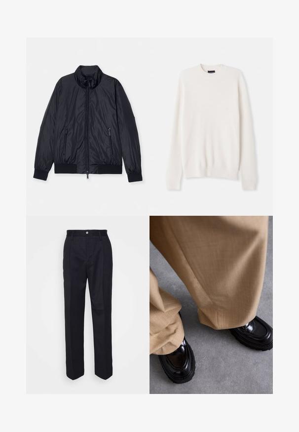 Veste matelassée noire avec un col haut, fermeture éclair à l'avant et deux poches latérales zippées. Présente des poignets et un ourlet côtelés. Texture lisse et brillante.; Pull en tricot côtelé blanc avec un col rond et des manches longues. Présente une petite broderie de logo sur la poitrine. Texture douce, design ajusté.; Pantalons noirs ajustés avec une coupe droite, en tissu lisse, dotés d'une fermeture à bouton sur le devant et de deux poches latérales.; Pantalons beiges avec une finition texturée, associés à des mocassins noirs brillants dotés d'une semelle épaisse et de coutures accentuées.