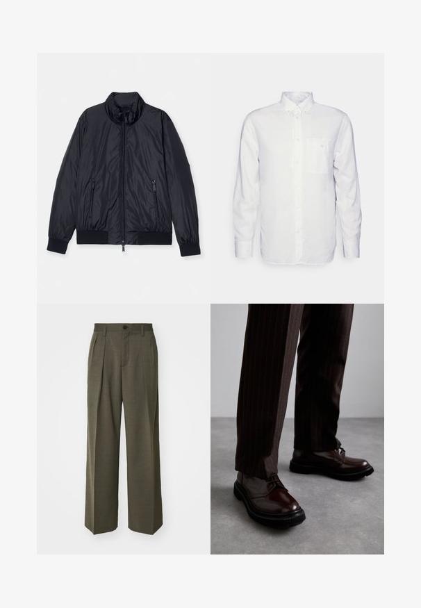 Black padded jacket with a high collar, front zip closure, and two zippered side pockets. Features ribbed cuffs and hem. Smooth, shiny texture.; Long-sleeve white shirt made of cotton, featuring a button-down collar, front pocket, and regular fit. Textured fabric with a smooth surface.; Filippa K WIDE TROUSERS - Trousers - driftwood; Brown leather lace-up shoes with a glossy finish, black rubber sole, and subtle stitching. Worn with pinstriped brown trousers.