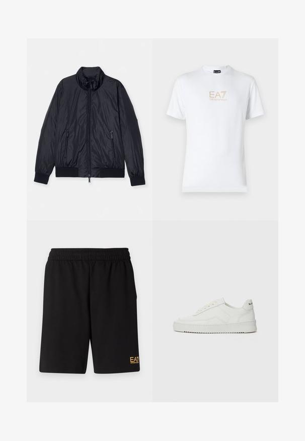 Black padded jacket with a high collar, front zip closure, and two zippered side pockets. Features ribbed cuffs and hem. Smooth, shiny texture.; White cotton t-shirt featuring a round neckline and short sleeves, with a gold EA7 Emporio Armani logo printed on the front.; Black athletic shorts made of soft fabric,Featuring an elastic waistband and a small yellow EA7 logo on the lower left leg.; White leather sneaker with a smooth finish, round toe, flat laces, and a textured sole. Features a subtle logo on the heel.