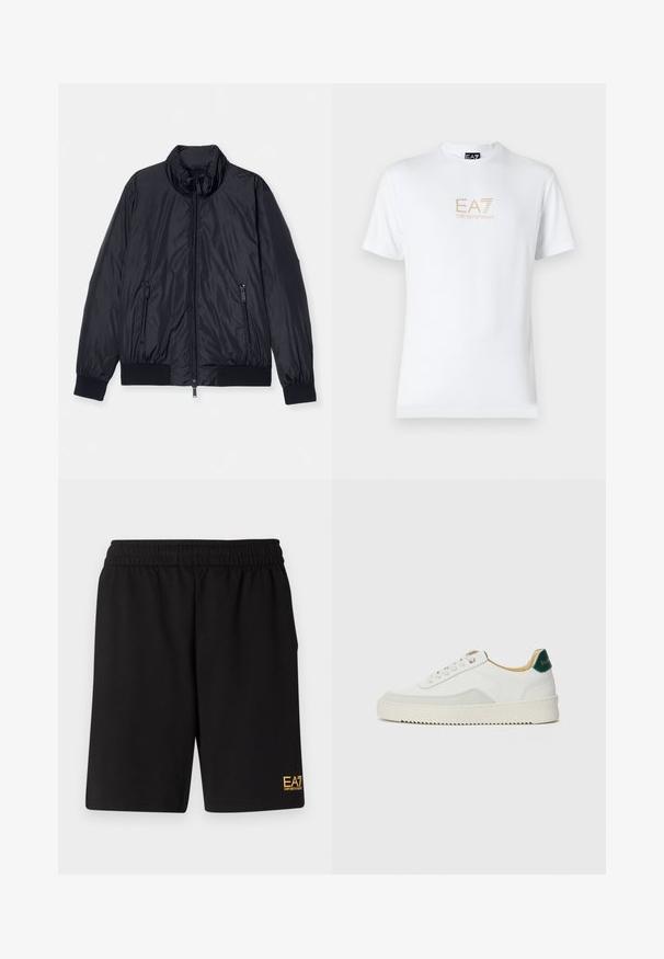 Zwarte gewatteerde jas met een hoge kraag, rits aan de voorkant en twee ritszakken aan de zijkant. Heeft ribgebreide manchet en zoom. Glad, glanzend materiaal.; Witte katoenen t-shirt met een ronde halslijn en korte mouwen, voorzien van een gouden EA7 Emporio Armani-logo op de voorkant.; Zwarte sportshorts van zacht materiaal, met een elastische tailleband en een klein geel EA7-logo op de onderste linkeronderbroek.; Witte sneaker met suède accenten, ronde neus, platte veters en een crème rubberen zool. Bevat groene branding op de hiel.