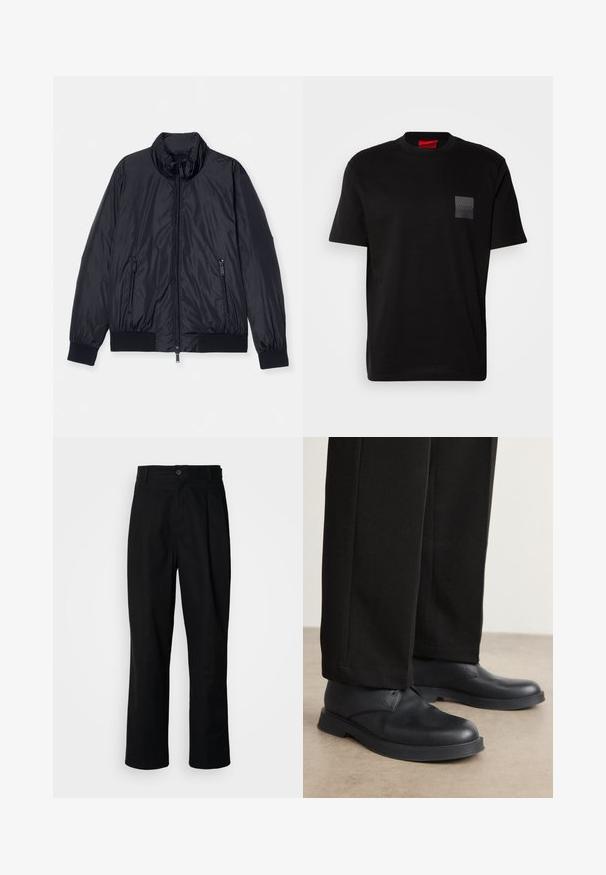 Juodas pūkinis švarkas su aukštu apykakle, priekyje užtrauktuku ir dviem užtrauktukais uždaromomis šoninėmis kišenėmis. Savo konstrukcijoje turi sutrauktus rankogalius ir apačią. Sklandus, blizgus paviršius.; Juodas medvilnės marškinėliai su apvalia iškirpte, su tekstūruotu juodu uždėklu su logotipu kairėje krūtinės pusėje. Trumpomis rankovėmis ir laisvu fasonu.; Juodas tiesus kojų kelnes su sagomis juosmenyje, diržo kilpomis ir priekine raukšle, parodytas prieš paprastą baltą foną.; Juodos odinės batai su apvaliu pirštu, plokščiu padu ir minimaliais dekorais. Suderinti su pritaikytomis juodomis kelnėmis, rodančiomis lygų tekstūrą.