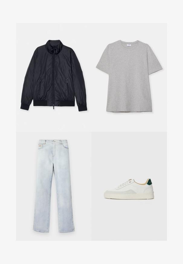 Schwarze gepolsterte Jacke mit hohem Kragen, Vorderreißverschluss und zwei seitlichen Reißverschlusstaschen. Mit gerippten Bündchen und Saum. Glatte, glänzende Textur.; Graues T-Shirt mit kurzen Ärmeln aus weichem, strukturiertem Stoff. Verfügt über einen klassischen Rundhalsausschnitt und einen geraden Saum, geeignet für legere Trageanlässe.; Hellblaue Jeans aus Denim mit geradem Bein, ausgestattet mit einem Knopfverschluss, fünf Taschen und Kontrastnähten.; Weiße Sneaker mit Wildlederelementen, runder Zehenpartie, flachen Schnürsenkeln und einer cremefarbenen Gummisohle. Mit grünen Markenlogo am Fersenbereich.