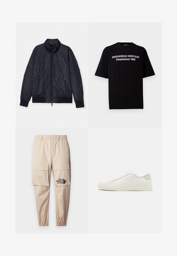 Schwarze gepolsterte Jacke mit hohem Kragen, Vorderreißverschluss und zwei seitlichen Reißverschlusstaschen. Mit gerippten Bündchen und Saum. Glatte, glänzende Textur.; Schwarzes Kurzarm-T-Shirt aus Baumwolle mit Rundhalsausschnitt, auf der Vorderseite mit weißem Text: "DSQUARED2 HERITAGE Established 1995".; Beige Cargo-Hosen aus leichtem Material mit einem elastischen Bund, Reißverschlusstaschen und einem bedruckten Logo auf dem linken Bein.; Weiße Leder Sneakers mit glatter Oberfläche, runder Zehenform und minimalistischem Design. Mit beigen Akzenten an der Ferse und einer Gummisohle.