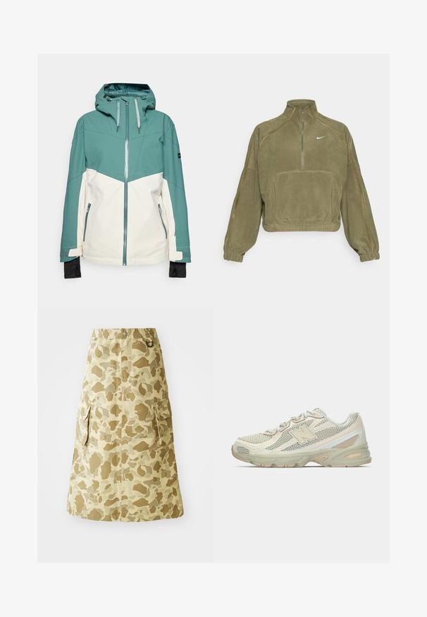 Teal and cream ski jacket with a zip front, adjustable hood, zippered pockets, and elastic cuffs. Smooth texture, durable fabric.; Olive green fleece pullover jacket with a half zipper, front pocket, and Nike logo. Features elastic cuffs and subtle seam accents.; Khaki skirt featuring a camouflage pattern, made of a smooth material, with an elastic waistband and two side pockets.; Lightweight sneakers with a mesh upper in beige and cream, featuring a prominent "N" logo, cushioned sole, and textured accents.