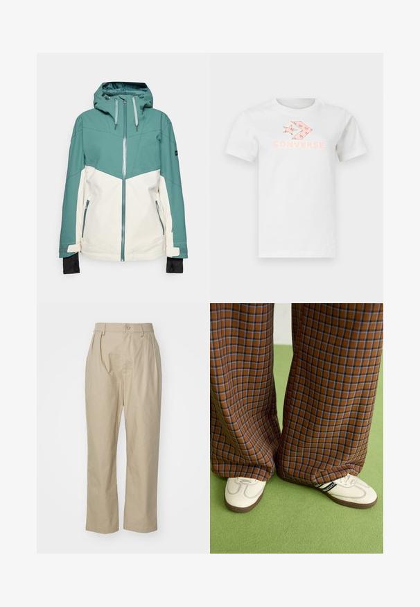 Tirkizna i bež skijaška jakna s patentnim zatvaračem sprijeda, podesivom kapom, džepovima na patentni zatvarač i elastičnim manžetama. Glatka tekstura, izdržljiv materijal.; Bjela pamučna majica s kratkim rukavima koja na prednjoj strani sadrži ružičasti tiskani logo i grafički dizajn. Klasična okrugla izreza.; Bež hlače izrađene od pamuka, sa opuštenim krojem, prednjim nabranim detaljima, zatvaranjem na jedan gumb i ravnim nogavicama sa šivenim rubovima.; Smeđe i plave karirane široke hlače uparene s bijelim cipelama s crnim akcentima i teksturiranim potplatom, na zelenoj pozadini.