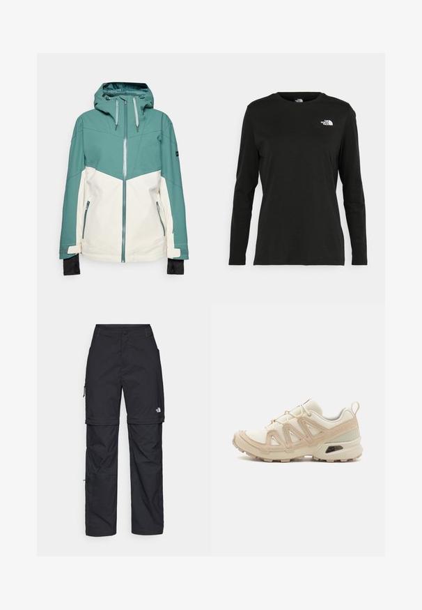 Žlutozelená a krémová lyžařská bunda se zipem v přední části, nastavitelnou kapucí, zipovými kapsami a elastickými manžetami. Hladká textura, odolná tkanina.; Černé tričko s dlouhým rukávem vyrobené z bavlny s kulatým výstřihem. Na levé části hrudi se nachází malé bílé logo. Jednoduchý design a střih.; Černé nylonové cargo kalhoty na zip s nastavitelnými manžetami, několika kapsami a logem na pravé noze. Hladká, lehká textura.; Béžová a krémová sportovní obuv s texturovaným síťovaným svrškem, podpůrnými překryvy a gumovou podrážkou s dezénem pro lepší přilnavost.