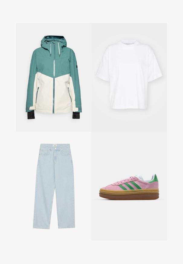 Tumesinine ja kreemjas suusajakk, millel on lukk ees, reguleeritav kapuuts, lukuga taskud ja elastsed mansetid. Sile tekstuur, vastupidav kangas.; Valge puuvillane t-särk ümmarguse kaelusega, lühikeste varrukatega ja lõdgalt istuv. Vasakul rinnal on peen logo. Sile tekstuur.; Heledad helesinine laiemate säärega teksapüksid, mis on valmistatud denimist, sisaldavad keskelt kõrge vöökoha, viit taskut ning nööbiga kinnitamist õhuke metallaccent.; Roosa nahast tossud roheliste triipude, valgete aktsentide ja pruuni kummitaldiga. Omavad tekstuuriga kangast ja logo detaile külgedel.