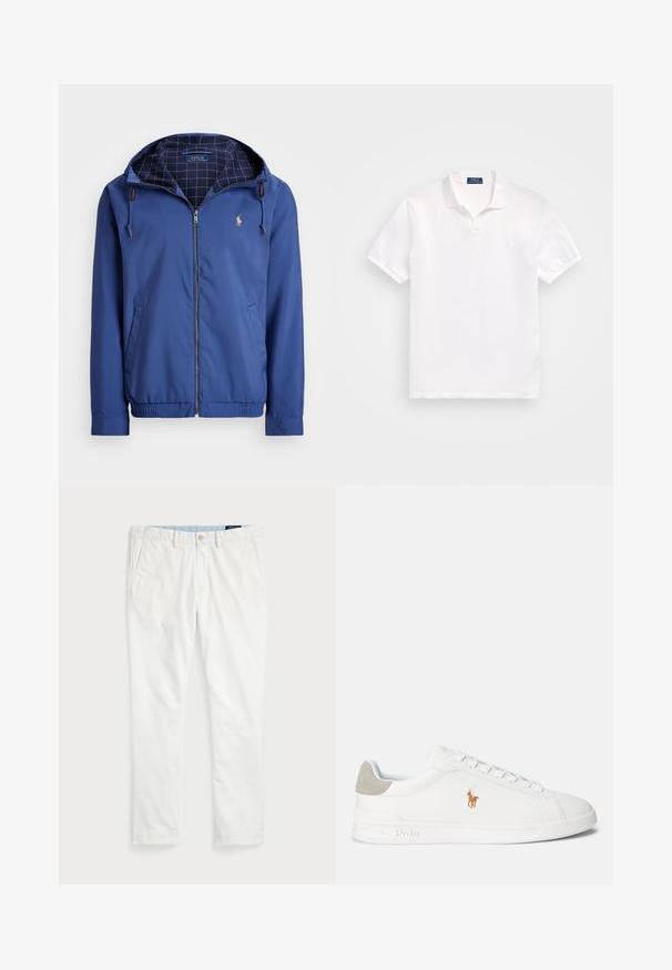 Blå nylonjakke med hette, glidelås foran, elastiske mansjetter og hem. Innvendig har den et rutemønster. Liten logo på brystet.; Hvit polo skjorte laget av bomull, med en to-knapp placket, kort ermer og en subtil logo på venstre bryst. Glatt tekstur.; Hvite chinos laget av bomull, med flat front, beltehemper, to sidelommer og en baklomme. Glatt tekstur med rett ben.; Hvit sneakers med glatt syntetisk materiale, rund tå og snøredesign. Har en lys grå suedheelkappe og brodert logo.