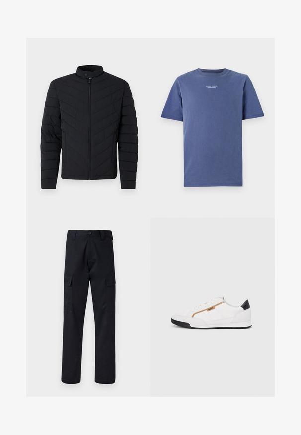 Svart dunjakke med høy krage, chevron-quiltet mønster, full glidelås og ribbestrikkede mansjetter. Lett og strømlinjeformet design.; Mørkeblå t-skjorte med kort erm laget av bomull. Har en rund hals og liten hvit tekst på brystet: "SAMSØE SAMSØE COPENHAGEN."; Svart cargo bukser laget av solid stoff, med rette ben, to sidelommer og knappelukking i midjen.; Hvite sporty sko med mesh- og lærdetaljer. Har en gull "BOSS"-logo, teksturerte sidepaneler og en svart hælbru. Gummisåle.